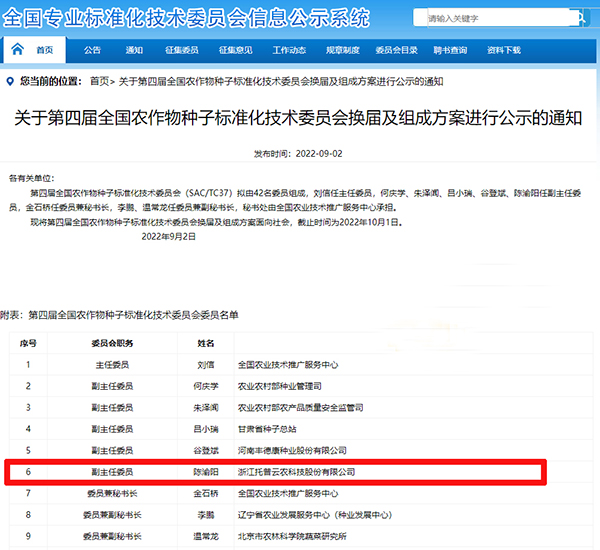 董事长陈渝阳入选全国农作物茄子视频黄色视频标准化技术委员会副主任委员